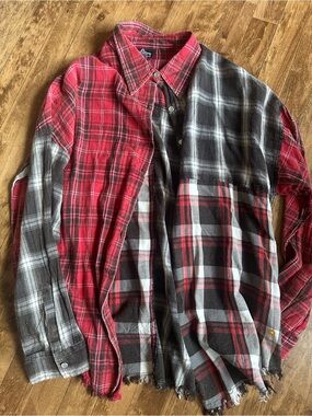 Woman’s  Red and Black Plaid Flannel Shirt - Split Pattern